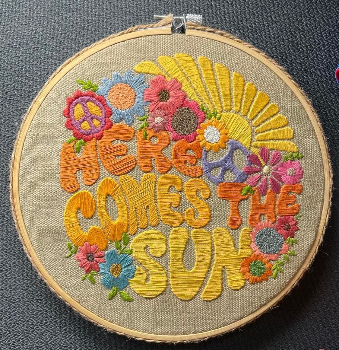 Here Comes the Sun Finished Embroidery Piece