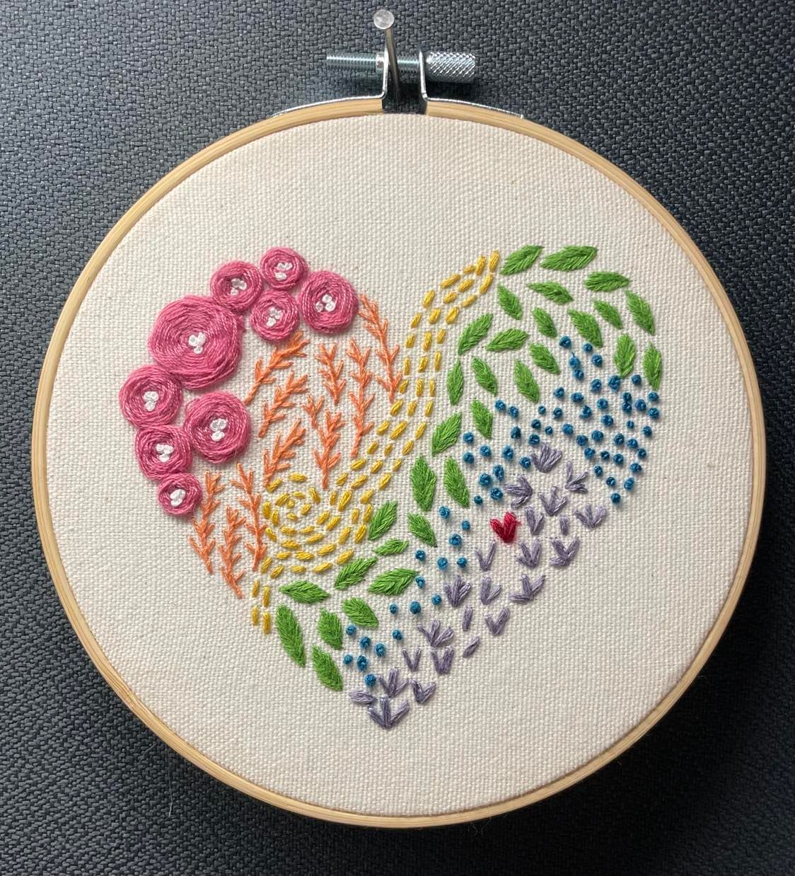Rainbow Heart Finished Embroidery Piece